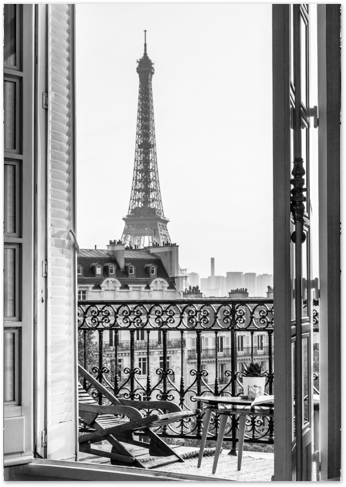 Posterux© | Parisian Balcony with Eiffel Tower View – Black & White Photography Poster poster – premium wall art