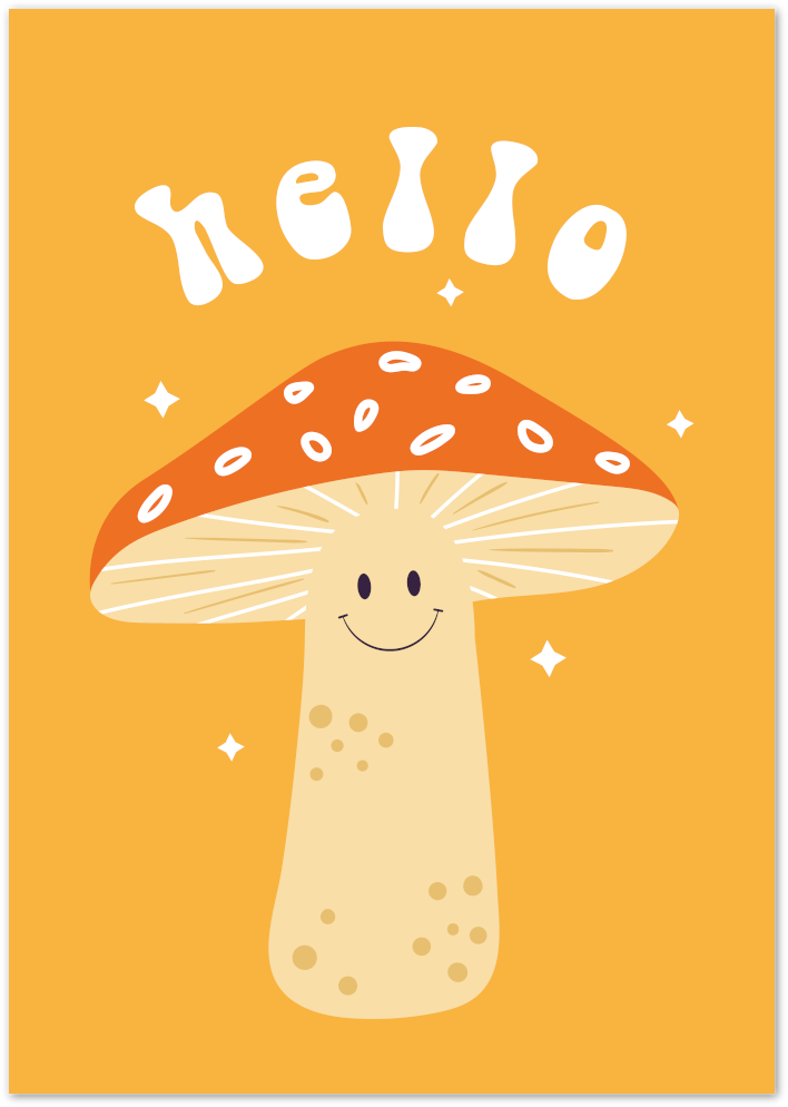Posterux© | Hello Mushroom Poster – Playful Retro Kids Wall Art poster – premium wall art