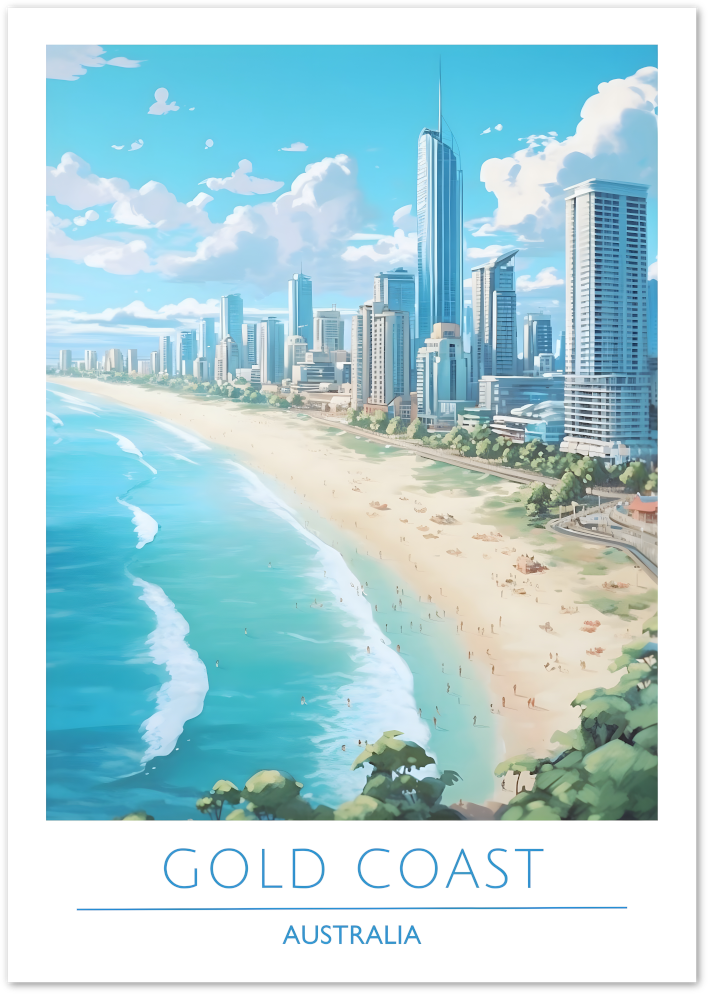 Posterux© | Gold Coast Poster – Coastal Cityscape in Blue Hues poster – premium wall art