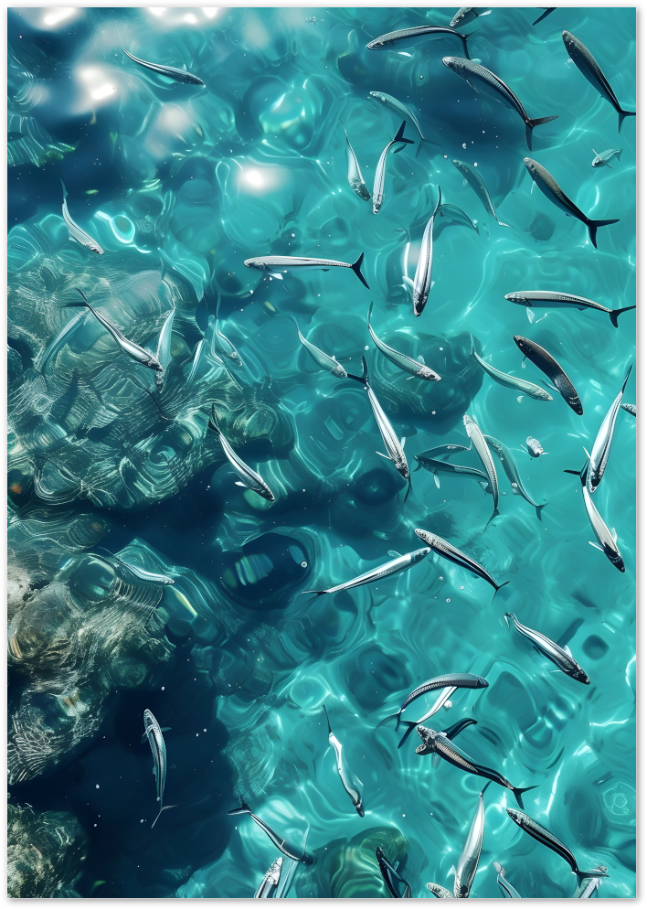 Posterux© | Sardines in Sunlight Poster – Underwater Coastal Photography poster – premium wall art
