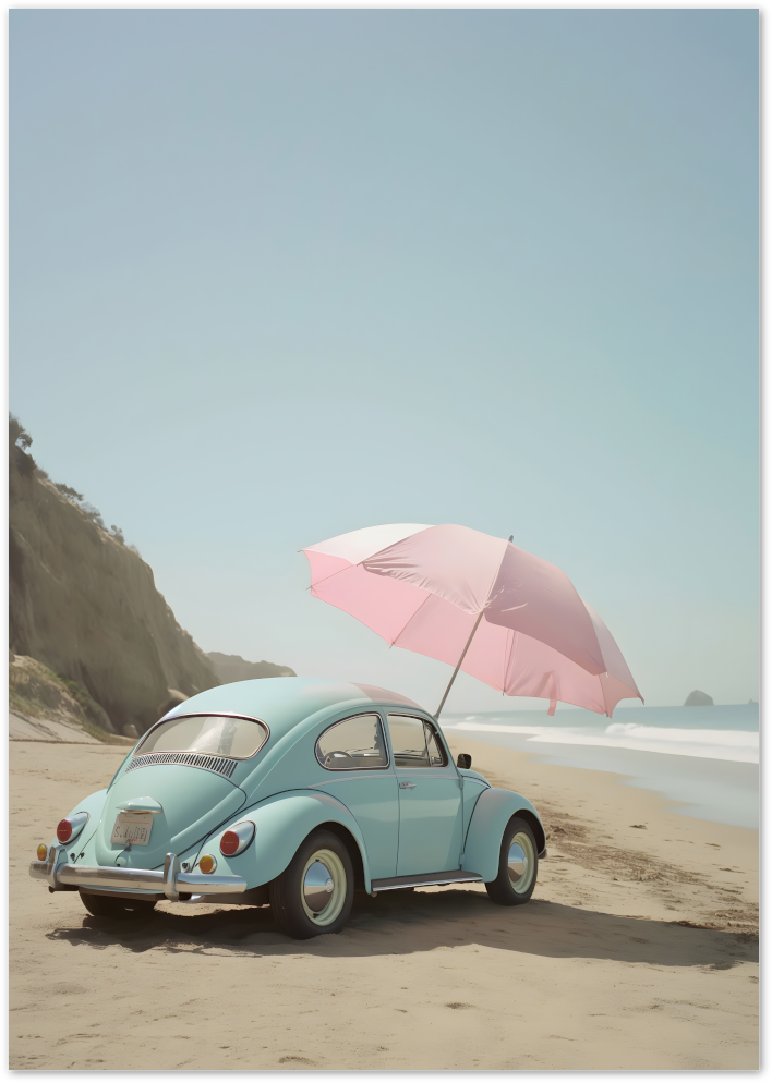 Posterux© | Beach Bug Poster – Vintage Car with Pink Umbrella poster – premium wall art