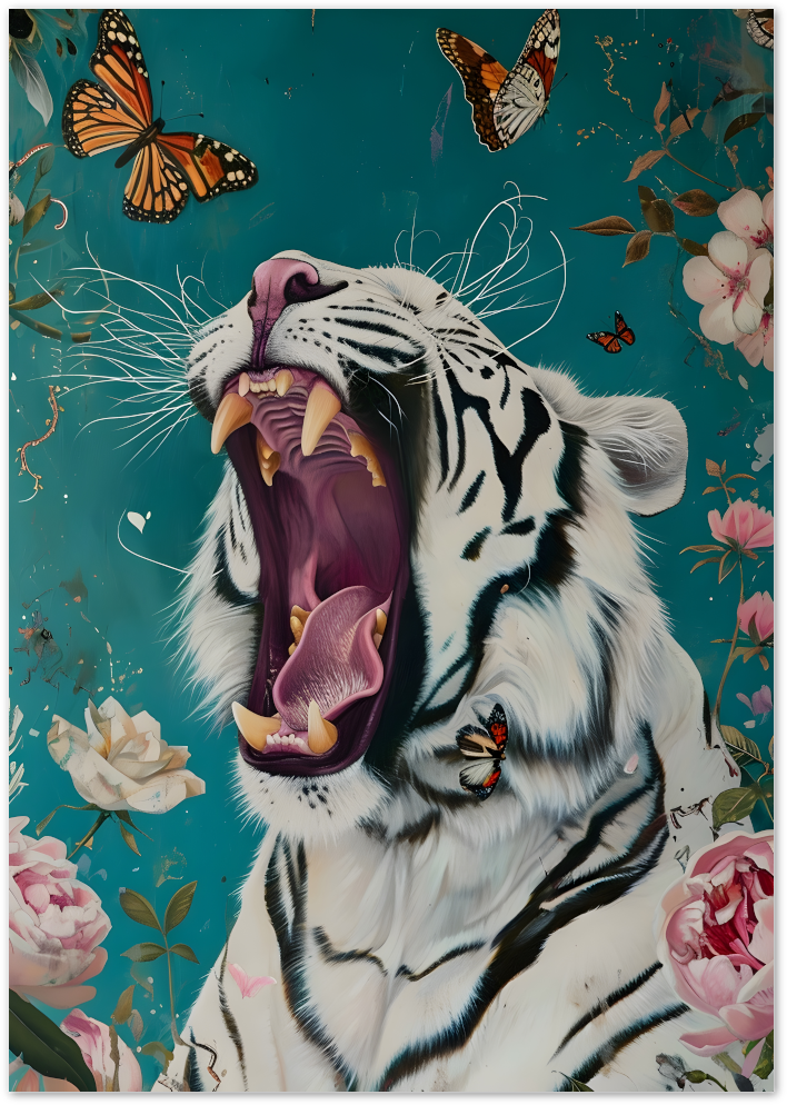 Posterux© | Roaring Beauty Poster – White Tiger with Butterflies poster – premium wall art