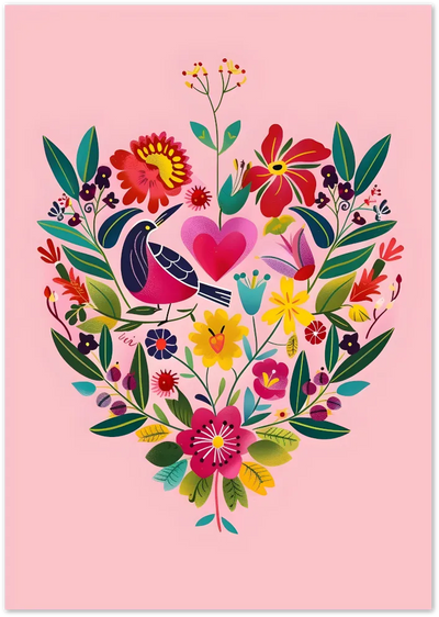 Posterux© | Heart Garden Poster – Floral Folk Art Bird poster – premium wall art
