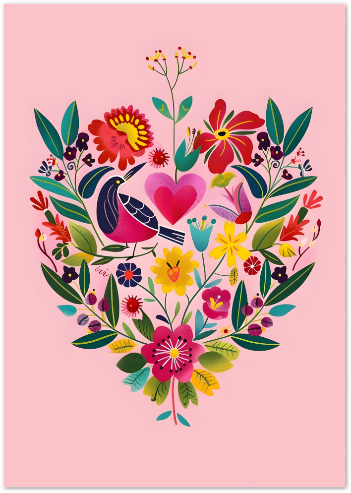 Posterux© | Heart Garden Poster – Floral Folk Art Bird poster – premium wall art