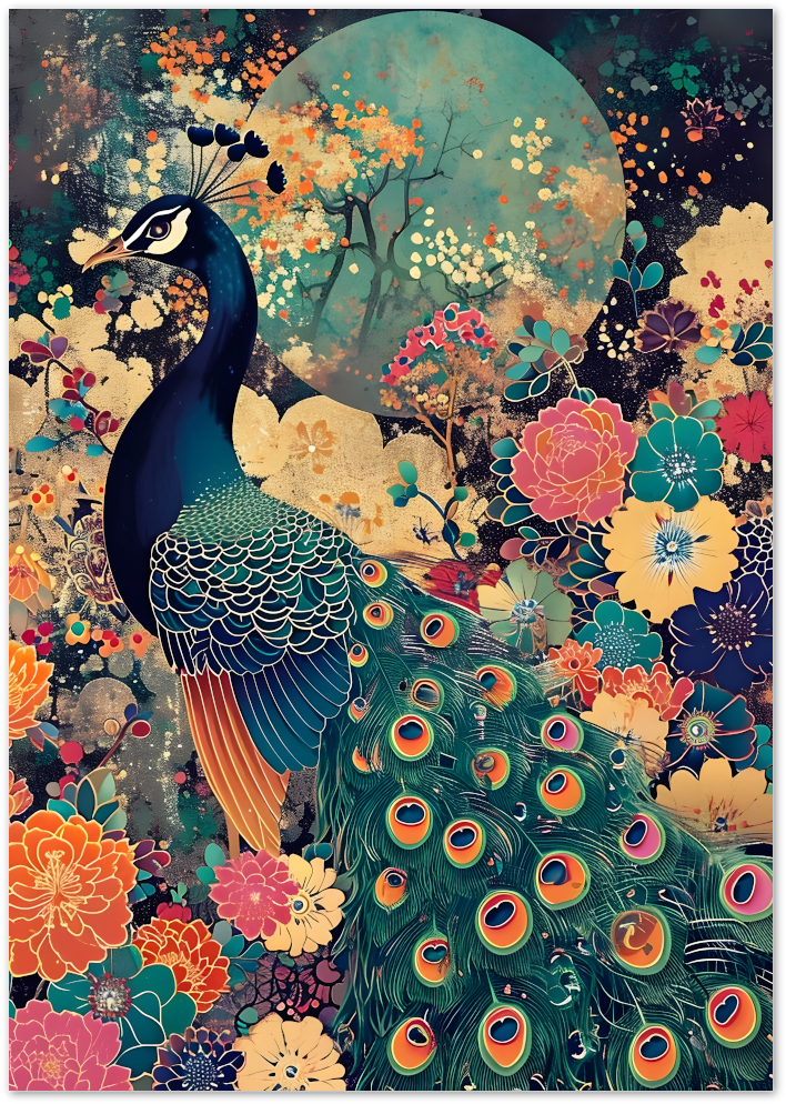 Posterux© | Blushing Peacock Poster – Elegant Bird in Blooming Garden poster – premium wall art