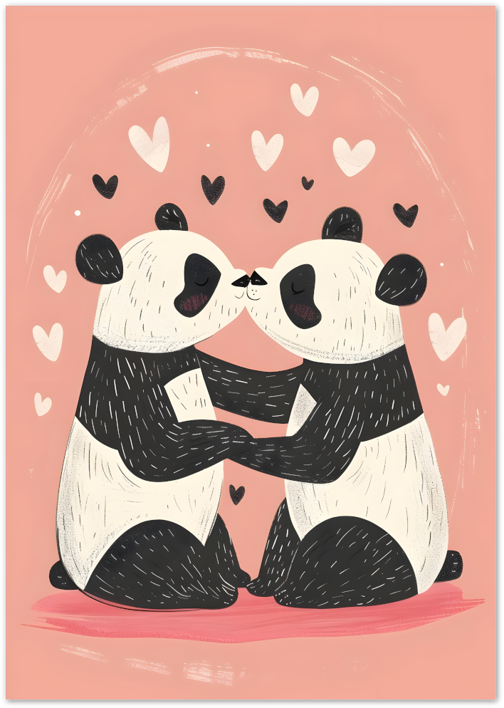 Posterux© | Panda Love Poster – Cute Kissing Pandas with Hearts poster – premium wall art