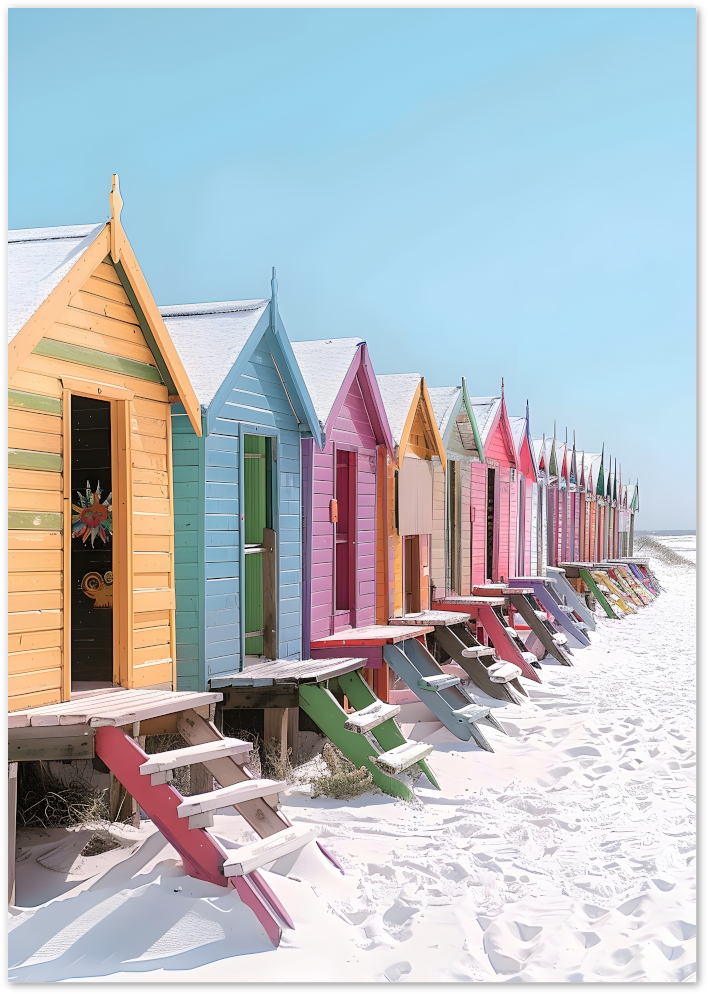 Posterux© | Pastel Beach Cabins Poster – Colorful Coastal Row poster – premium wall art
