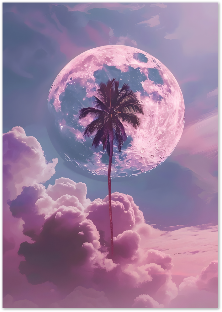 Posterux© | Palm Moonrise Poster – Surreal Dreamscape in Pink and Purple poster – premium wall art