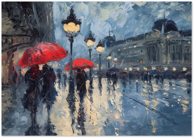 Posterux© | Red Umbrella Night Poster – Rainy Romance poster – premium wall art