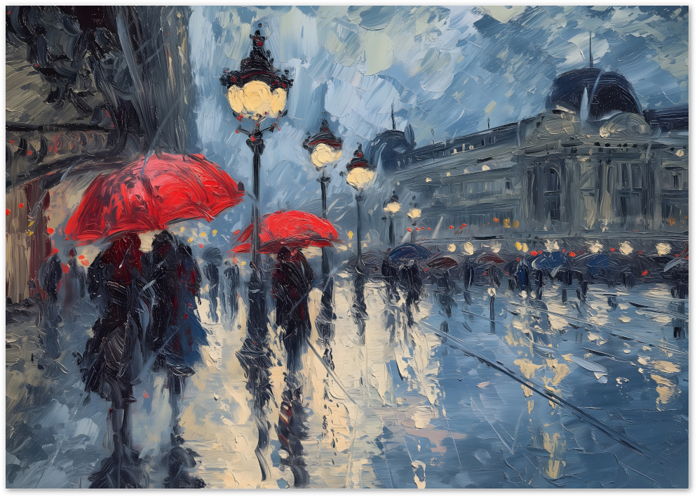 Posterux© | Red Umbrella Night Poster – Rainy Romance poster – premium wall art