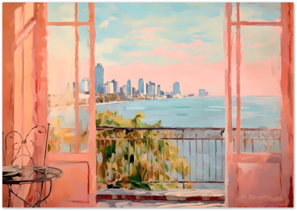 Posterux© | City View Through the Window Poster – Soft Pastel Skyline poster – premium wall art