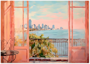 Posterux© | City View Through the Window Poster – Soft Pastel Skyline poster – premium wall art