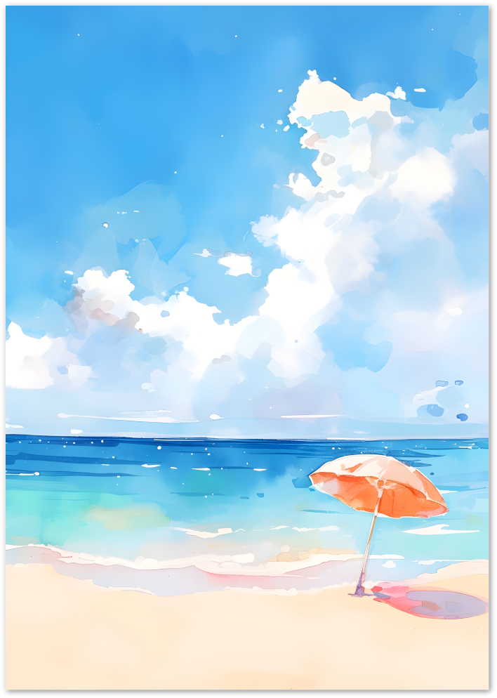 Posterux© | Pink Parasol Beach Poster – Summery Coastal Illustration poster – premium wall art