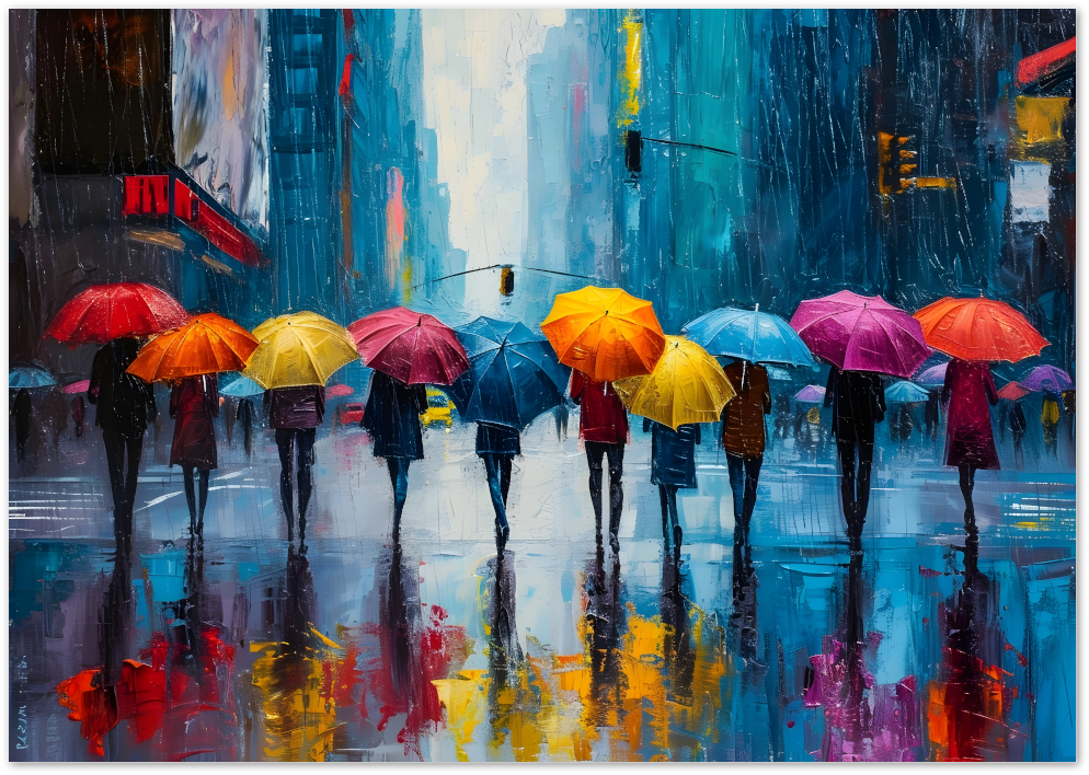 Posterux© | Umbrella City Poster – Rainy Day Reflections poster – premium wall art