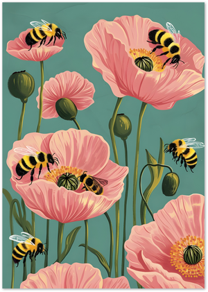 Posterux© | Bees and Poppies Poster – Floral Garden Illustration poster – premium wall art